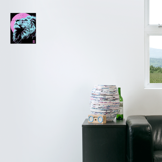 Regal Lion Head Japanese Art | Blue & Pink Ukiyo-e Style by TuncGK